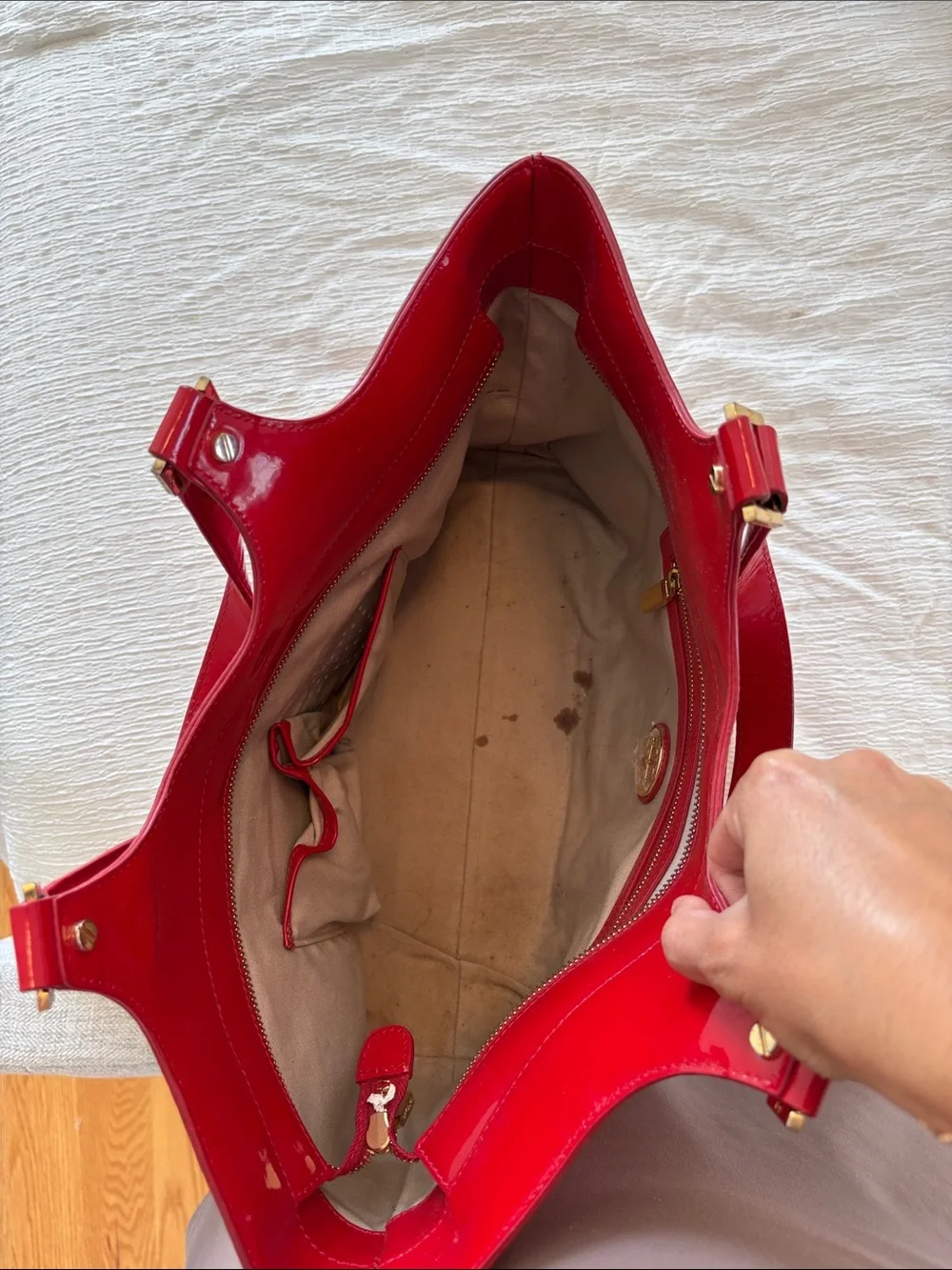 Tory Burch Red Patent Perforated Logo Tote